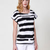 Short-sleeved, round-neck T-shirt with asymmetric stripe print and side slits with Koröshi logo with glitter on the front for women