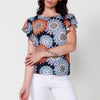 Short-sleeved, ruffled T-shirt with round neckline and mandala flower print with cincher detail on the front and metal plate with Koröshi logo for women