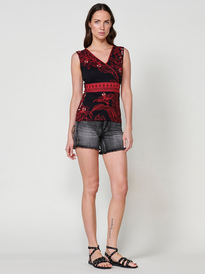 Top sin mangas escote cruzado floral mujer negro - Koröshi 2512TP44