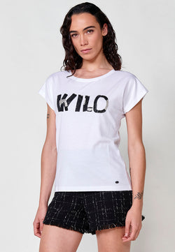 T-shirt femme blanc manches courtes en coton avec broderie sauvage en strass - Koroshi 2512TP77