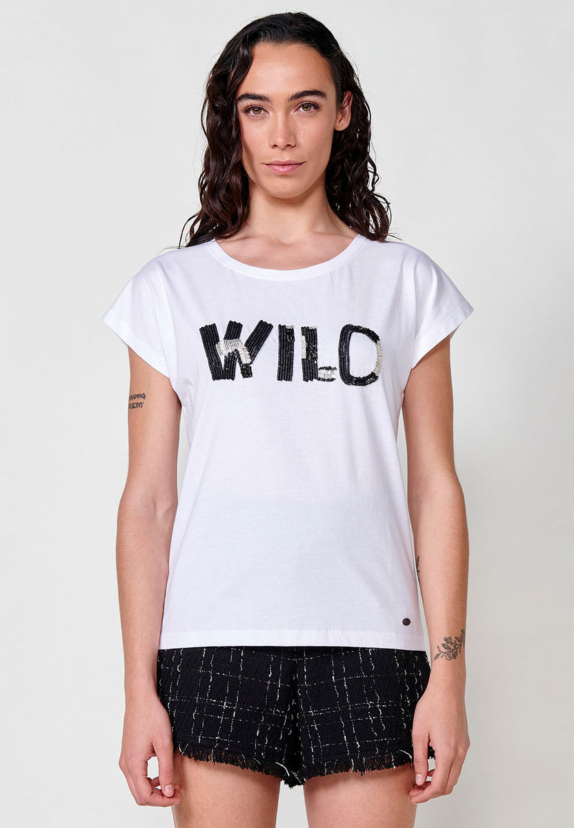 Camiseta de algodón con bordado wild en pedrería manga corta mujer blanca - Koroshi 2512TP77