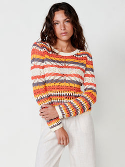 Pull femme manches longues rayé ajouré en maille multicolore corail - Koroshi 2512TR01