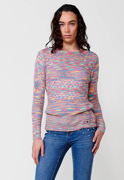 Pull femme multicolore en tricot chiné manches longues et col bateau - Koroshi 2512TR20