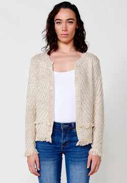 Women's ecru long-sleeved open knit cardigan with fringes - Koroshi 2512TR83