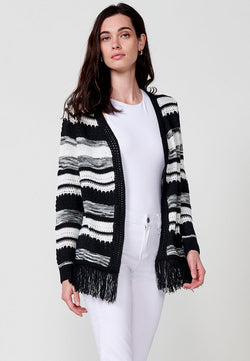 Long knitted cardigan with fringes long sleeve women black - Koroshi 2512TR89