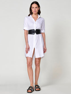Abito chemisier da donna in lino al ginocchio con collo alla coreana bianco - Koroshi 2512VS02