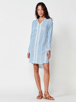 Blue women's long sleeve knee-length shirt dress with mandarin collar - Koroshi 2512VS04