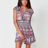Short Dress with Ruffle Sleeve, V-Neckline and Gathered Waist with Combined Prints for Women