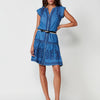 Loose Knee Length Dress in Denim Effect Chambray with Mandarin Collar, Metal Buttons and Ethnic Embroidery