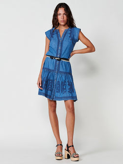 Denim-effect chambray dress with mandarin collar and ethnic embroidery for women in denim blue - Koroshi 2512VS40