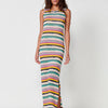 Long Knitted Dress with Round Neck, Wide Straps and Side Slit, with Light Lining and Multicolor Stripes