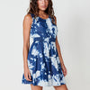 Short Lyocell Denim Effect Dress with Round Neckline, Wide Straps and Elastic Waist, Tie-Dye Finish