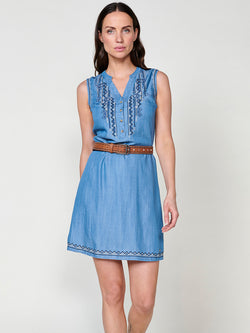 Robe sans manches effet jean à col mao et broderie ethnique pour femme en bleu jean - Koroshi 2512VS54
