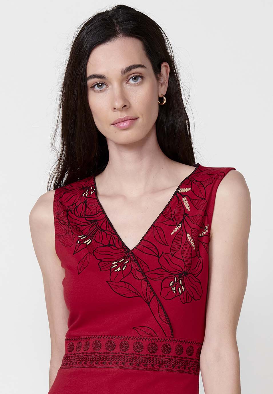 Robe courte femme rouge en coton imprimé fleuri et décolleté V - Koroshi 2512VS57