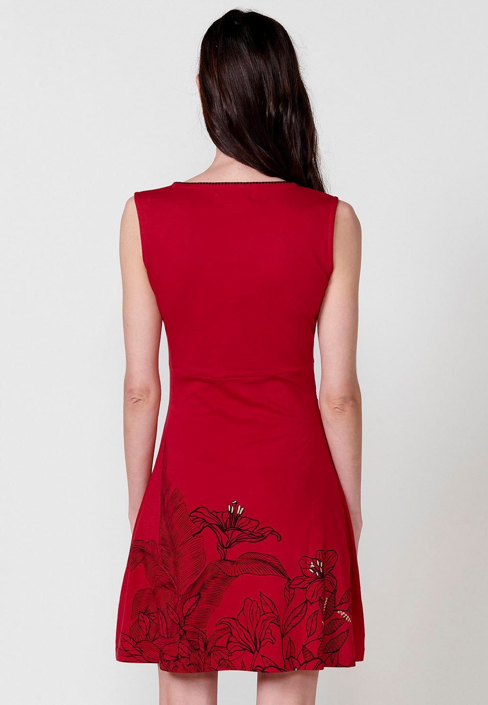 Robe courte femme rouge en coton imprimé fleuri et décolleté V - Koroshi 2512VS57