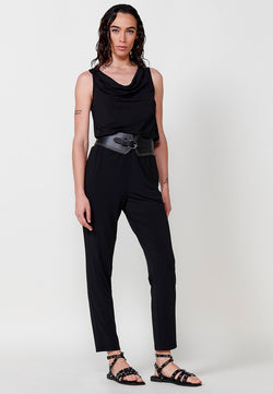 Long jumpsuit with draped neckline and glitter straight pants for women in black - Koroshi 2512VS69