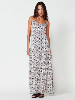 Women's long white printed ruffled strap dress - Koroshi 2512VS73