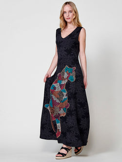 Schwarzes Midikleid aus Baumwolle mit Blumendruck und mehrfarbigem Tiger – Koroshi 2512VS77