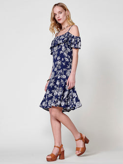 Short floral print viscose dress with ruffle neckline for women in navy blue - Koroshi 2512VS81