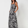 Long and Flowing Dress, Strapless Neckline, Wide Strap and Back with Gathered Piece, Tropical Print in Black