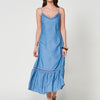 Long light blue denim effect dress for women with V-neckline and ethnic embroidery