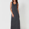 Ribbed Knit Midi Dress with Washed Effect, V Neckline, Wide Straps and Side Slits