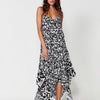 Long Dress with Adjustable Straps, V-neck Hem and Floral Print with Border and Glitter Details on the Neckline