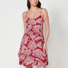 Red fluid short dress for women with open shoulders and back and floral embroidery