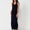 Ribbed Knit Maxi Dress with V Neckline, Wide Straps and Side Slits. Beaded Detail on Neckline and Armholes