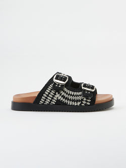 Flat sandals with buckles and braided raffia for women, black - Koroshi 2512XC01
