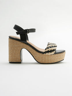 Heeled sandals with jute platform and braided strap for women, black - Koroshi 2512XC02