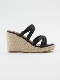 Wedge sandals with crossed straps and jute platform for women black - Koroshi 2512XC03