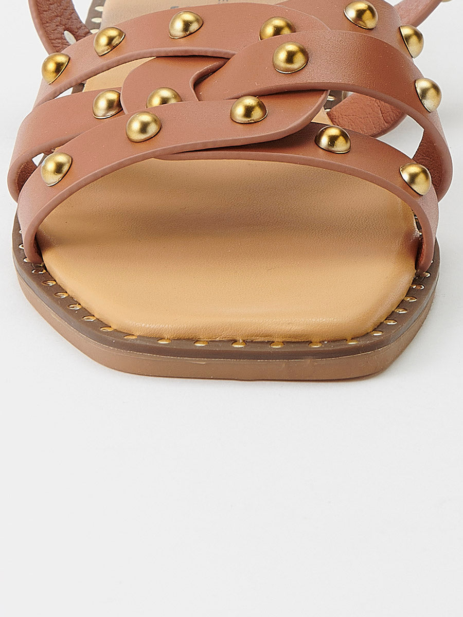 Sandales plates femme marron à brides et clous en métal - Koroshi 2512XC04