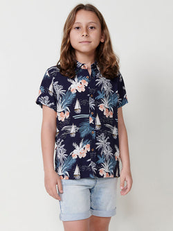 Tropical print short sleeve shirt BOYS navy - Koroshi 2514CC03