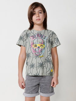 T-shirt garçon kaki manches courtes imprimé tête de mort palmier - Koroshi 2514MC03