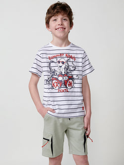 Short sleeve striped octopus print t-shirt BOYS white - Koroshi 2514MC04