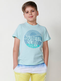 Wassergrünes Kurzarm-T-Shirt für Jungen mit geprägtem Buchstabendruck – Koroshi 2514MC06