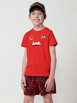 T-shirt da bambino a manica corta con numeri dell'auto ricamati rossi - Koroshi 2514MC11