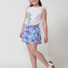 Short fille bleu imprimé effet jupe avec taille paperbag