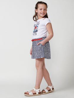 Gonna da bambina effetto shorts vita paperbag stampa astratta con fiocco blu navy - Koroshi 2515PS05