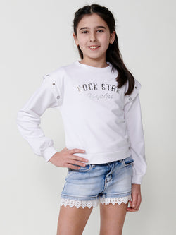 Mädchen-Sweatshirt mit Rundhalsausschnitt, weißem Text und silbernen Nieten – Koroshi 2515SU02