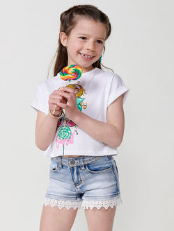 Top bianco da bambina con maniche scese e stampa occhiali - Koroshi 2515TP06