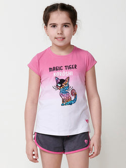 Top GIRLS short sleeve fuchsia gradient sequin cat - Koroshi 2515TP09