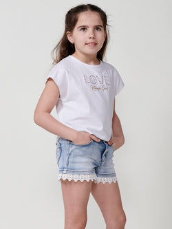 Top GIRLS short sleeve white embroidered Love - Koroshi 2515TP10