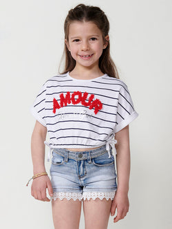 Top GIRLS short sleeve white striped navy embroidered Amour - Koroshi 2515TP18