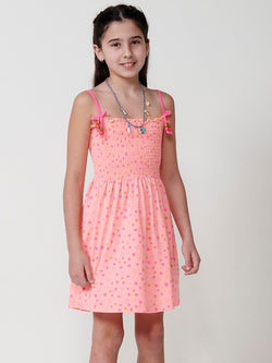 Fuchsia printed bow strap dress GIRLS orange - Koroshi 2515VS01