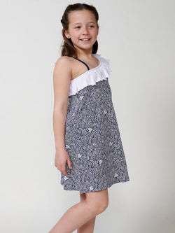 Marineblaues Mädchenkleid mit asymmetrischem Ausschnitt und Trägern – Koroshi 2515VS03