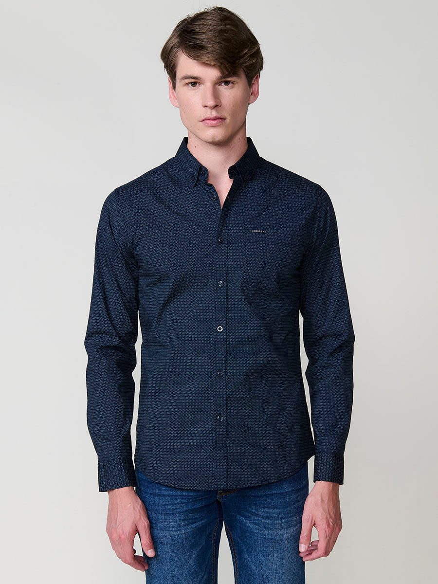 Camisa micro estampado algodón manga larga hombre navy - Koroshi 2521CL30