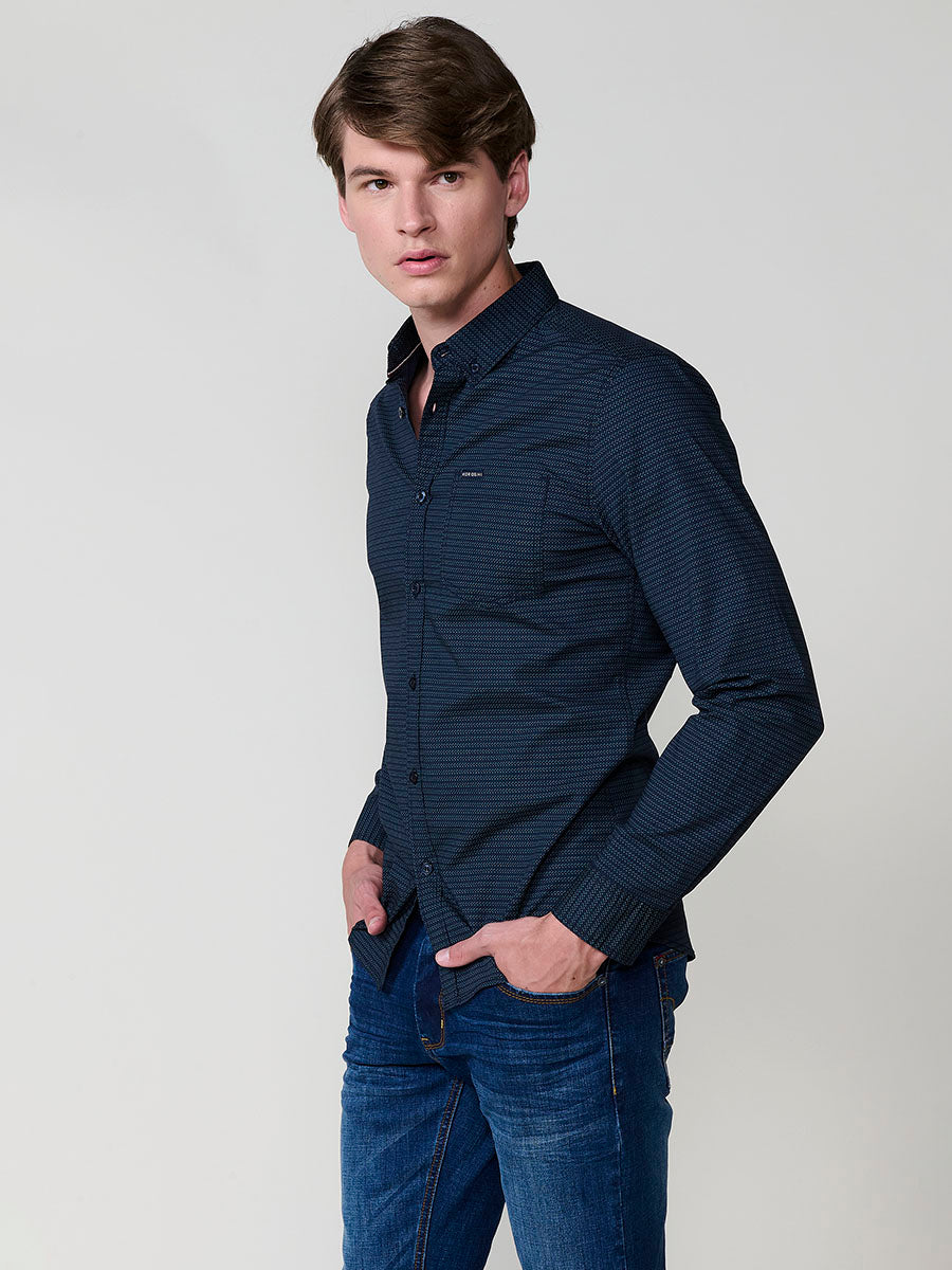 Camisa micro estampado algodón manga larga hombre navy - Koroshi 2521CL30