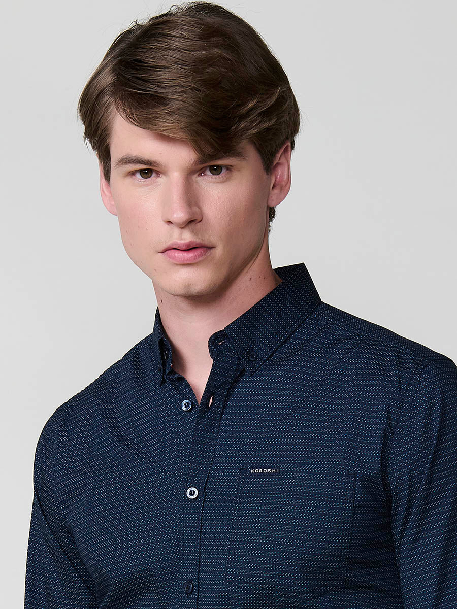 Camisa micro estampado algodón manga larga hombre navy - Koroshi 2521CL30